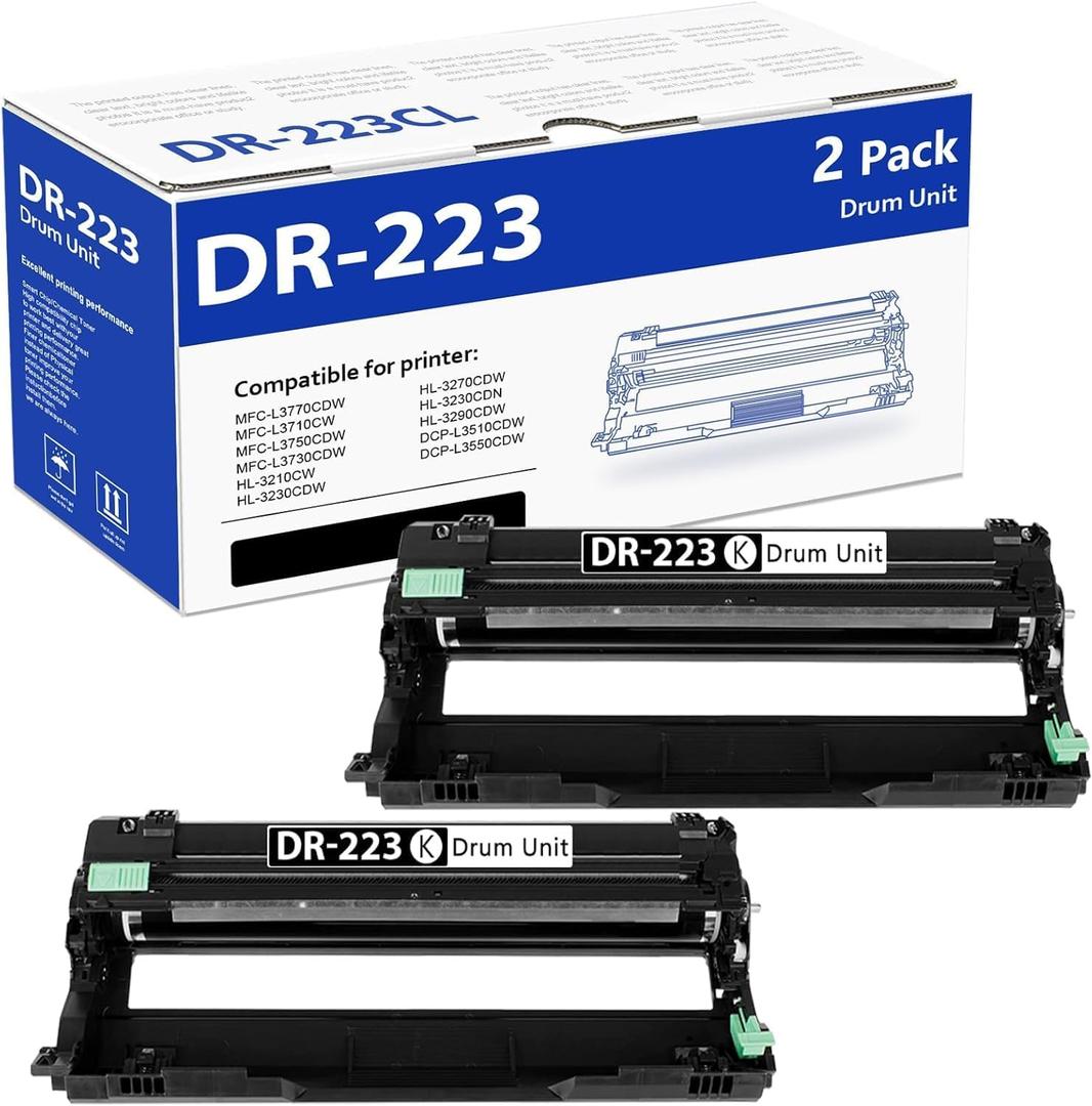 2 Pack DR223CL DR 223CL Black Drum Unit High Yield Replacement for Brother DR223CL DR223 DR-223 Drum Unit MFC-L3770CDW MFC-L3750CDW MFC-L3710CW HL-L3230CDW HL-L3290CDW Printer (No Toner)
