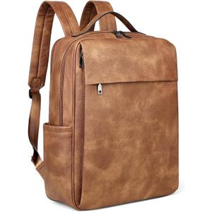 MASINTOR 15.6 inch PU Leather Laptop Backpack Purse for Women, Large College Casual Backpack Travel Bag Mocha Brown