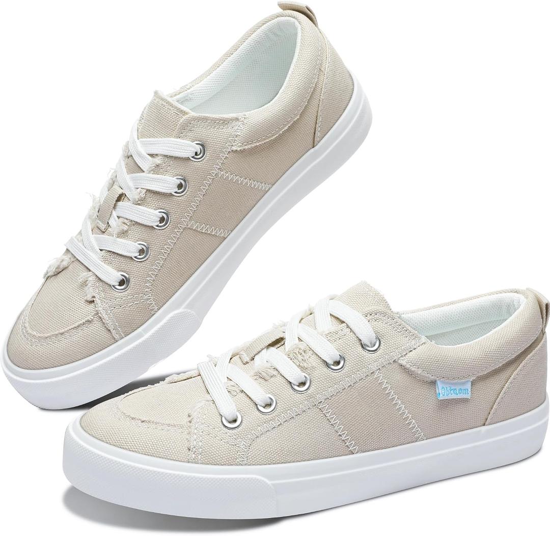 Obtaom Women's White Play Fashion Sneakers Cute Lace up Canvas Shoes Low Top Washed Canvas Flat for Lady, Size 10