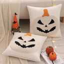 Tosleo Halloween Throw Pillow Covers 18x18 Set of 2 Beige Smiley Face Pumpkin Embroidery Pillow Cases Thanksgiving Home Party Fall Decor Bat Pillowcases Cushion Covers for Sofa Bed Couch