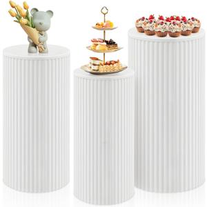 Cylinder Stands for Party, 3Pcs Metal Pleated Cylinder Pedestal Stand Heavy Duty White Cake Cilindros Para Fiestas Parties Round Cylinder Display Flower Plant Stand for Wedding Birthday Party Decor