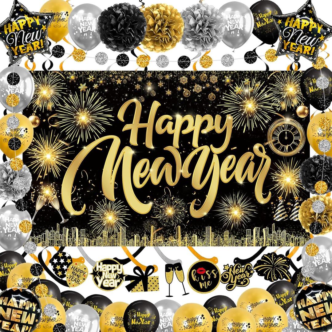 Happy New Year Backdrop with Shiny Firework Background Circle Paper Banner Pom poms Foil Balloons & Swirls for New Year Photo Booth Background Party Decorations (Black Gold 01)