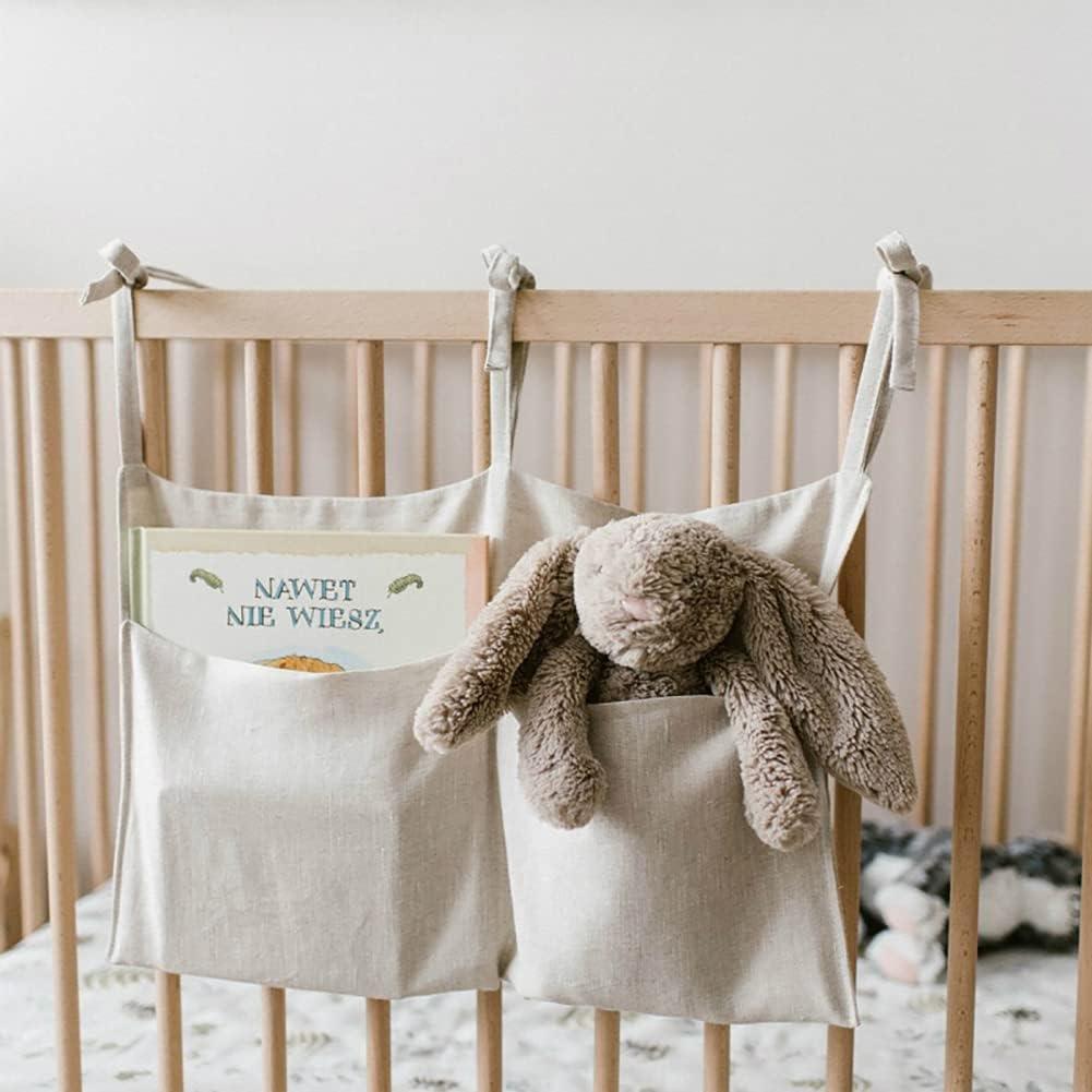 Linen Baby Bedside Hanging Storage Bag,2 Pockets Organizer for Baby Cribs and Toys (Burlywood)