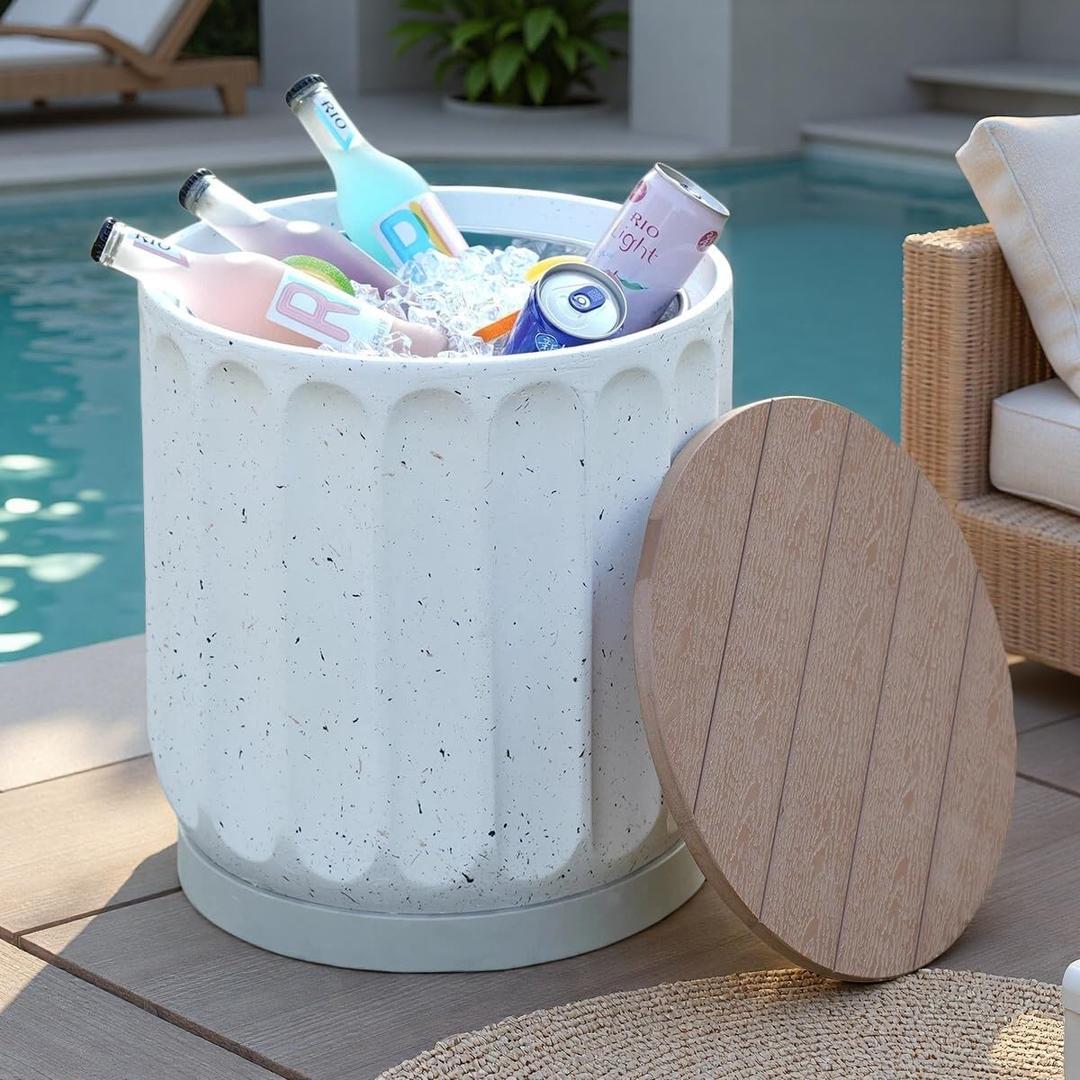 Outdoor Cooler Side Table with Wheels, Patio Table with Stainless Steel Ice Chest Storage Bucket, Designed for Use as Party Side Table, White