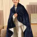 Queen Size Heated Blanket - Dual Control Electric Blanket Queen with 5 Heating Levels, 10 Hours Auto Off, Overheat Protection, Washable Flannel Sherpa Heating Blanket, 84 x 90 Inch, Navy