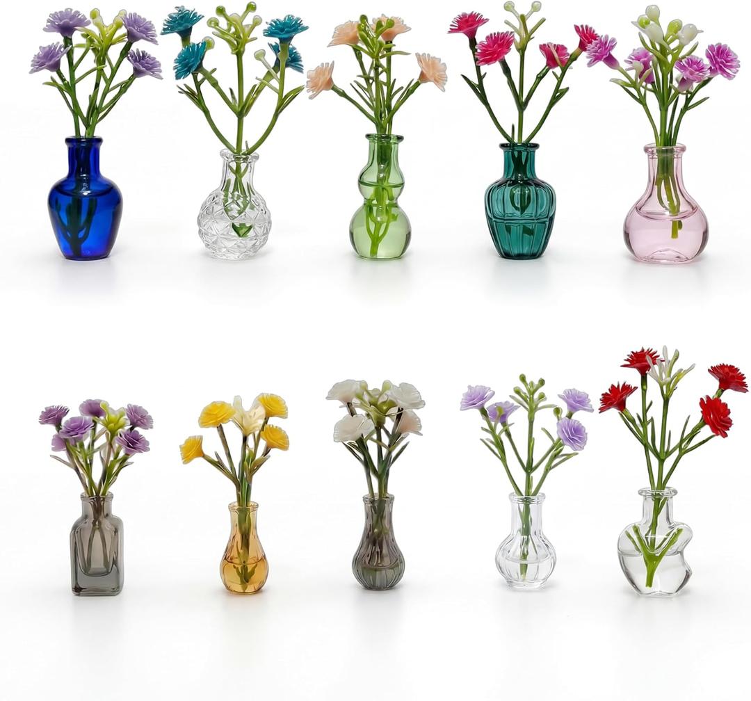 10-Pack Magnetic Mini Clear Glass Bud Vases for Fridge - Strong Magnets, Leak-Proof Propagation Vases with 10 Faux Flowers for Mom, Locker and Cubicle Decor(Sea Glass Green)