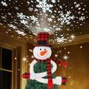 Juegoal Christmas Snowman Tree Topper with Built-in Snowflakes LED Projector, Plush Top Hat Snowmen Treetop Hugger with Rotating Magic Snow, Xmas Tree Ornament Holiday Winter Home Party Decorations