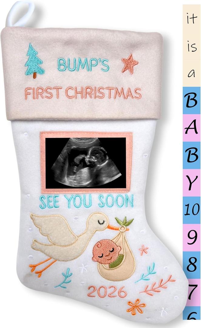 Heart's Sign Pregnancy Christmas Ultrasound Frame Stocking - Unique Christmas Gender Reveal Stocking | Baby on The Way Xmas 2025 Sonogram Frame | Gender Reveal Ideas