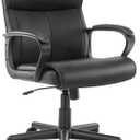 DUMOS Ergonomic Executive Office Chair with Padded Armrests, Mid Back Lumbar Support, Adjustable Height & Tilt, PU Leather Swivel Desk Chair for Home Office, Black