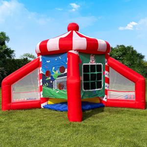 OZIS 5-in-1 Inflatable Carnival Game with Blower, Portable Basketball Hoop, Axe Throw, Soccer Target, Ring Toss, Tic-Tac-Toe for Backyard and Party, White & Red