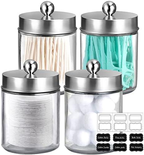 Amolliar 2Pc Apothecary Jars Bathroom Vanity Storage Organizer Set -Countertop Canister with Stainless Steel Lids &Stickers - Qtip Dispenser Holder for Qtip,Cotton Swab,Makeup Sponge (Brushed Nickel)