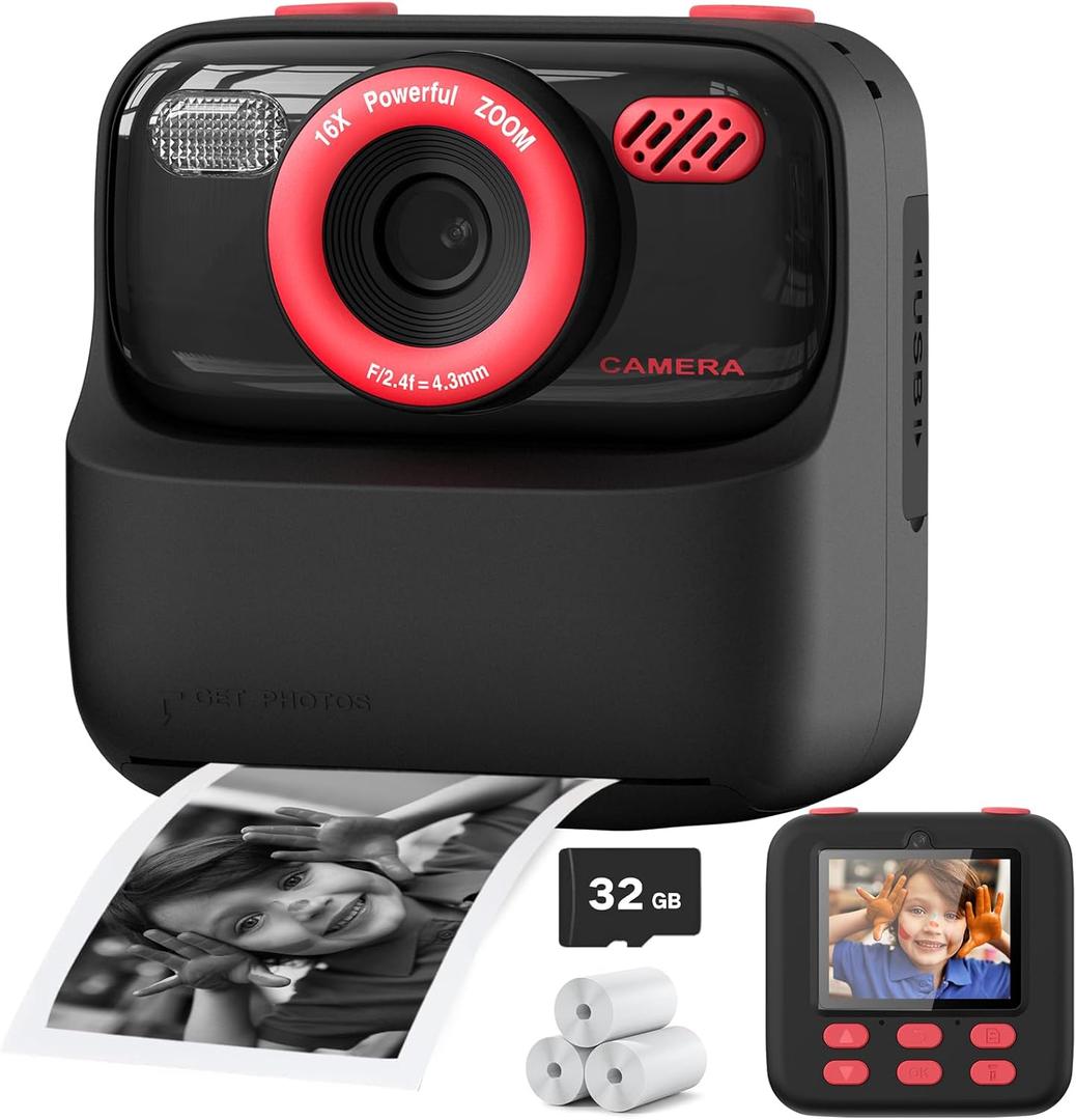 Upgrade Kids Camera Instant Print for Boys and Girls, 1080P HD Dual-Lens Selfie Digital Camera with Print Paper & 32G Card, Christmas Birthday Gifts Toys for Toddler and Teenagers Age 3-16 Years Old (Black)