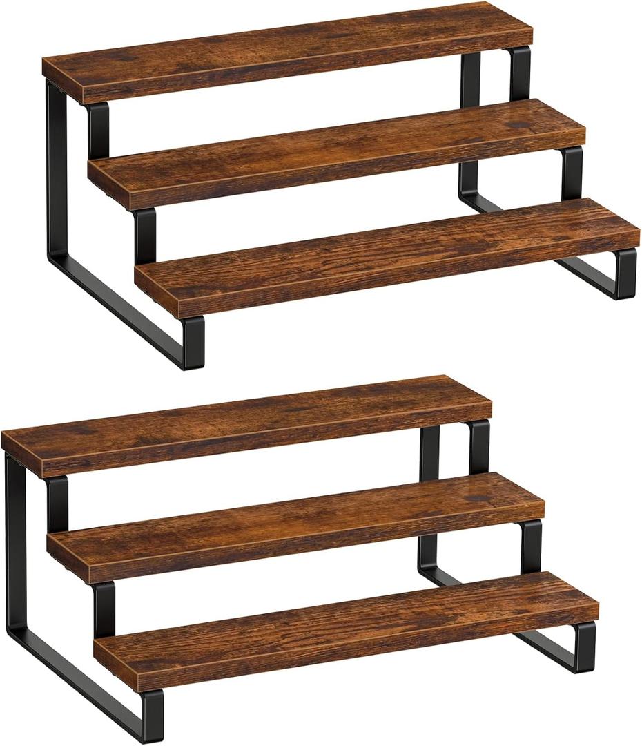 Giikin 2-Tier Wooden Display Stand Riser, Perfume Organizer, Cupcake Stand Holder (Rustic Brown-3 Tier, Set of 2)
