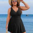 Charmo Women Plus Size Swimdress One Piece Swimsuit Ruched Tummy Control Bathing Suit Scalloped V Neck Flowy Swimwear (Black, XXL)