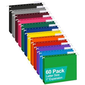 HERKKA Extra Capacity Hanging File Folders, 60 Pack Reinforced Letter Size Hanging Folders with Heavy Duty 1 Inch Expansion, Designed for Bulky Files, Medical Charts, 12 Assorted Colors