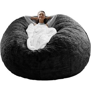 RAINBEAN Bean Bag Chair Cover, Big Round Soft Fluffy PV Velvet Sofa Bed Cover, Living Room Furniture, Lazy Sofa Bed, 6ft Black