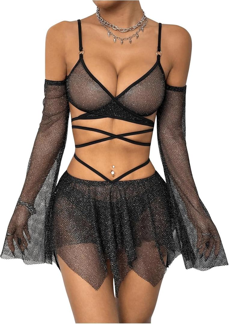 OYOANGLE Women's 2 Piece Mesh Sheer Criss Cross Crop Top and Asymmetrical Mini Skirt Party Rave Outfits, Small
