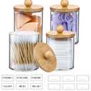 3 x 4 Pack Qtip Holder Dispenser with Bamboo Lids - 10 oz Clear Plastic Apothecary Jar Containers for Vanity Makeup Organizer Storage - Bathroom Accessories Set for Cotton Swab, Ball, Pads, Floss