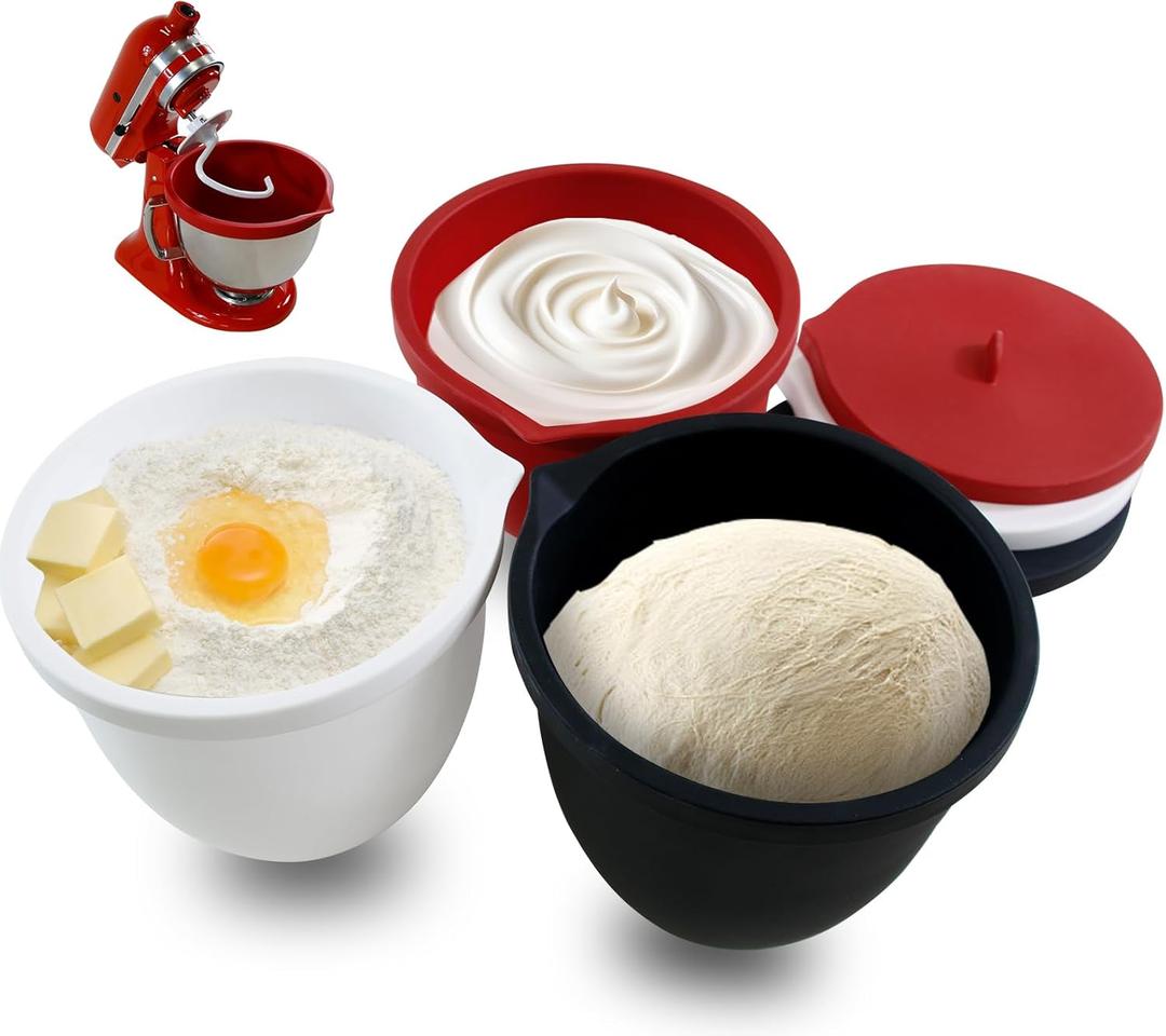 QHMENG Silicone Liners for KitchenAid 5 Qt Tilt-Head Stand Mixer(Only), Odourless, Thicker, Cold/Heat-Resistant & Non-Stick, Easy Clean, Fits 5 Quart Mixing Bowl, Set of 3 with Lids (Red+White+Black)