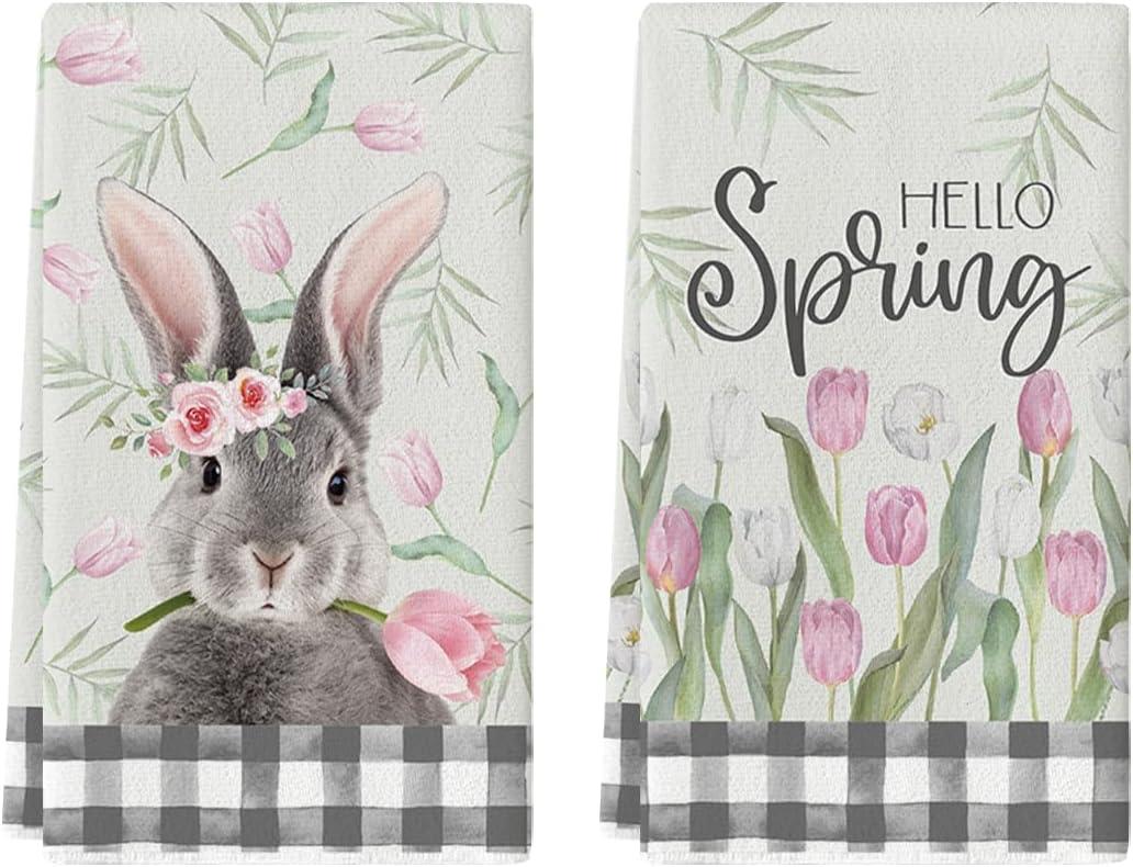 Artoid Mode Buffalo Plaid Bunny Rabbit Flowers Hello Spring Easter Kitchen Towels Dish Towels, 18x26 Inch Seasonal Decoration Hand Towels Set of 2