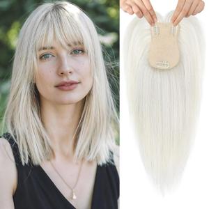 Flufymooz 100% Real Human Hair Toppers, 12 Inch Human Hair Toppers for Thinning Hair Large Hand-woven Area 360 Coverage Natural Hairpiece Wiglet for Women Daily 5"x3" Silk Base (Silver White)