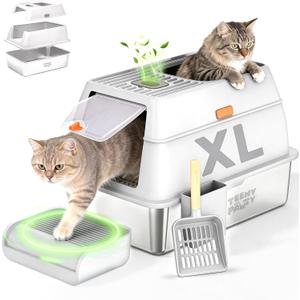 XL Stainless Steel Cat Litter Box with Enclosure and Pooper Scooper - Durable Black Metal Litter Box for Big Cats, High Sides for Anti-Leakage, Never Absorbs Odors, Non-Sticky - (60x40cm) (White)