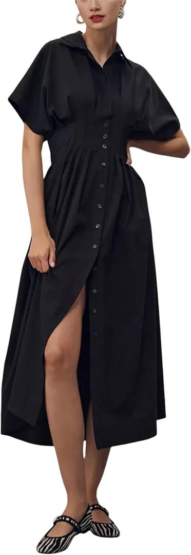 Yeokou Shirt Dress for Women Summer Casual Short Sleeve Button Down Loose Pleated Maxi Sundress with Pockets (Black, L)