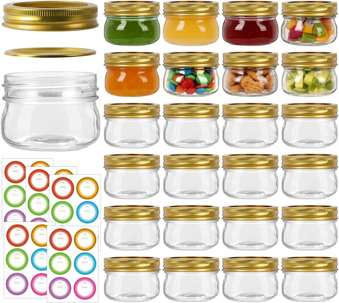 4 oz Mason Jars With Gold Lids and Bands, 24 Pack Regular Mouth Canning Jars for Jam, Honey, Yogurt, Candy, Spices, Snacks, DIY Projects, Wedding Favors- Includes 30 Stickers