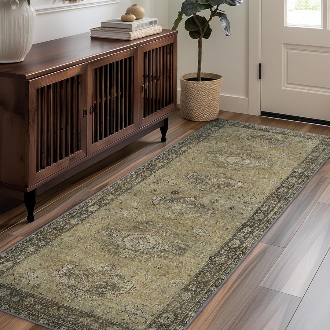 Runner 2x5, Aesthetic Light Weight Machine Washable Rug, Runner Rug for Hallways Kitchen Bedroom, Non Slip Low Pile Vintage Boho Rug for Laundry, Sage Green (2' x 5' (Rectangular), Sage Green)