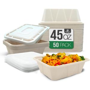 TOPtoper 50 Pack 45 Oz Large Paper Bowls with Lids, Heavy Duty Compostable Paper Bowls for Party, Disposable Bowls Bulk Leakproof and Microwave Safe for Hot/Cold Use (45 OZ)