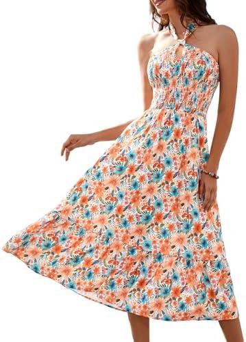 HomRain Summer Halter Dresses for Women 2025 Floral Maxi Dress with Sleeveless for Casual Flowy Boho Beach Wedding Large, Orange Blue Flower 