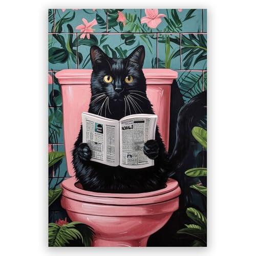 Pink bathroom wall art Funny black cat toilet reading newspaper poster Cute Humorous Animal pictures Canvas printing Bathroom Decoration 8x12inch Unframed,2pcs