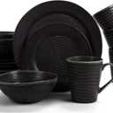 Elanze Designs Charming Chic Ribbed Modern Thrown Pottery Look Ceramic Stoneware Plate Platter Mug & Bowl Kitchen Dish Dinnerware 16 Piece Set - Service for 4, Black With White