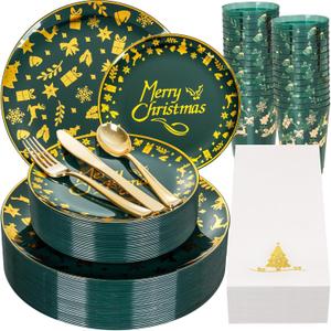 175Pcs Christmas Plates Disposable - Christmas Plastic Plate - Green Gold Xmas Dinnerware Sets for 25 Guests Include 50 Plates, 75 Silverware, 25Cups, 25Napkins for Xmas Party