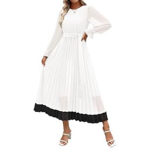 ZESICA Women's Spring Long Sleeve Chiffon Dress Casual Crew Neck Pleated A Line Flowy Midi Dresses with Belt, S, White