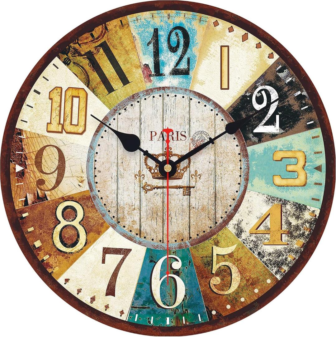 VIKMARI 14 Inch Wooden Wall Clock Battery Operated Retro Rustic Decorative Clock with Arabic Numerals Colorful Silent Non Ticking for Kitchen Bedroom Home Decor Tuscan Country Style