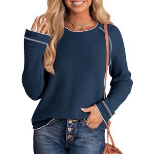 Dokotoo Womens Tops Long Sleeve Shirts Waffle Knit Tops Crewneck Fashion 2024 Casual T Shirts Loose Shirts Basic Tee (Blue, M)
