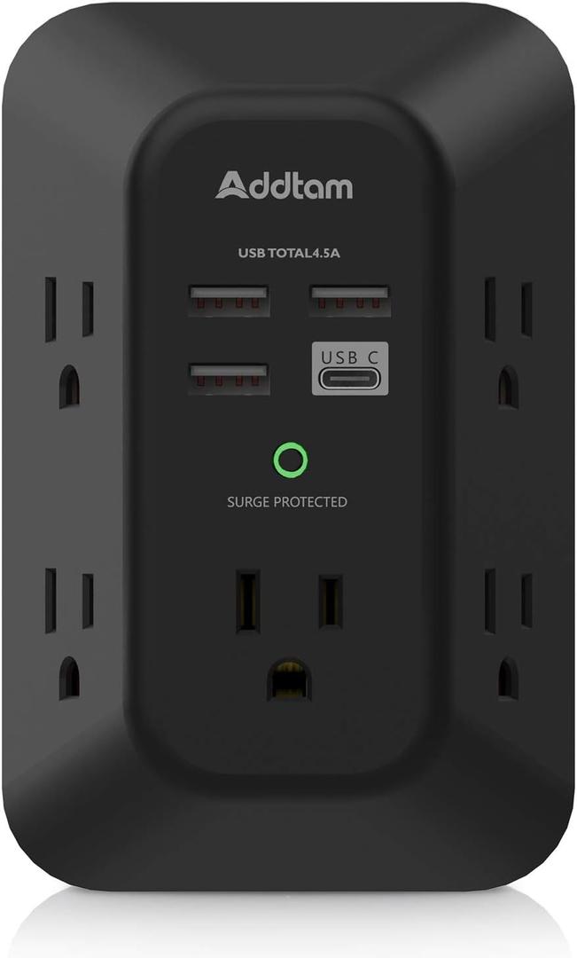 USB Wall Charger Surge Protector - Addtam 5 Outlet Extender with 4 USB Charging Ports (1 USB C), 3-Sided 1800J Power Strip Multi Plug Outlets Adapter Widely Spaced, Black