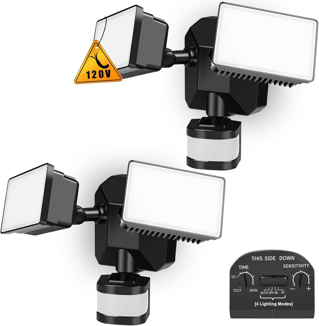 EMANER Dusk-to-Dawn Floodlights with Motion Sensor, 4 Lighting Modes, 2800lm 5000K Daylight White, IP65 Waterproof Outdoor LED Security Flood Light for Porch, Driveway, Garage (Black Fixture, 2-Pack)