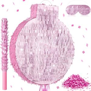 Gemscream 18 Inch Large Round Pinkpiata Kit with Stick Blindfold and Confetti Glitter Blank DIY Piata for Birthday Party Game Wedding Carnival Party Supplies