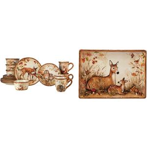 Certified International Pine Forest 16 pc Dinnerware Set, Service for 4, BROWN & Pine Forest Rectangular Platter,