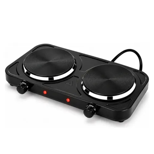 double-burner portable electric hot plate in its retail box labeled "HOT PLATE ELECTRIC COOKING 2200W