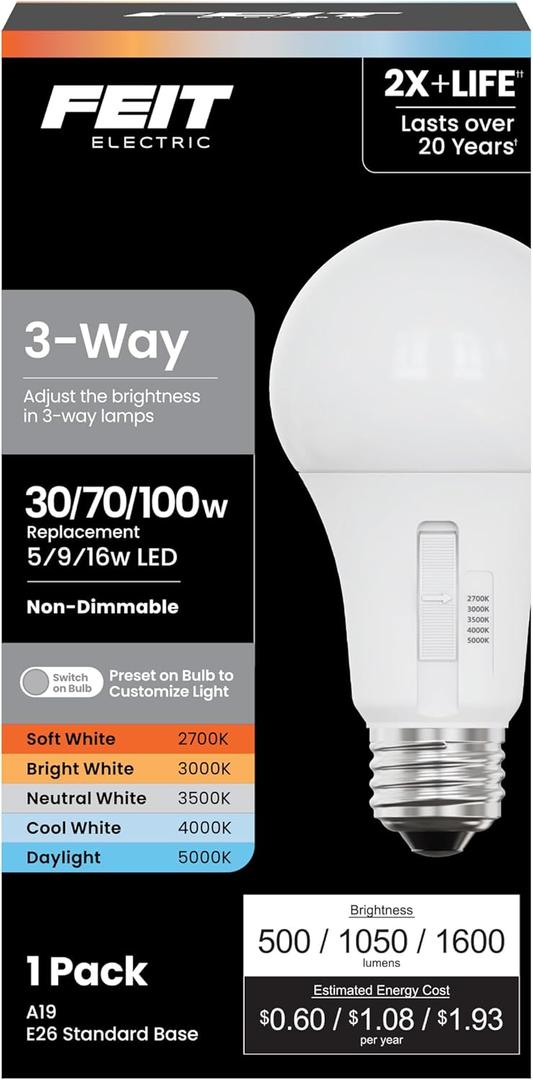 Feit Electric 3-Way A19 LED Light Bulb, 30/70/100W Equivalent, 5CCT Adjustable White (2700K5000K), 1600 Lumens, Dimmable, 25,000-Life Hours, Energy Saving for Lamps & Fixtures, OM30/100/5CCTCA