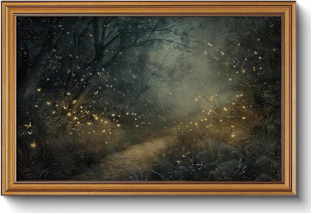 CHMMART Vintage Gold Framed Wall Art Moody Forest Firefly Canvas Art Prints Boho Nature Woodland Pictures Wall Decor Dark Academia Cottagecore Paintings Artwork for Living Room Bedroom 16x24in