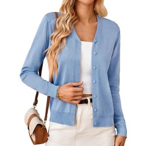 GRACE KARIN Women's Long Sleeve Button Down Vee Neck Classic Sweater Knit Cardigan (Blue, S)