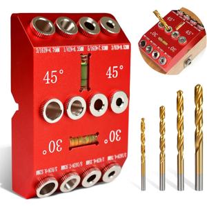 30/45/90 Angle Drill Guide Jig, Drill Guide for Straight or Angled Holes with Bubble Level, Portable Metal Drill Guide for Wood, Deck Railings, Posts, Includes 4 Drill Bits