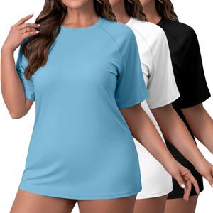 Huukeay 3 Pack Quick Dry Women's Plus Size Rash Guard Swim Shirts Short Sleeves Raglan Swimsuit T-Shirts Activewear Tops (XX-Large, Black, Blue, White)