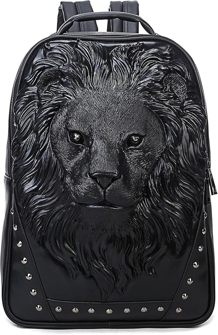 Berchirly Men Pu Leather Lion Head Backpack Women Fashion Casual Travel Hiking Daypack Laptop Bag Backpacks (Black)