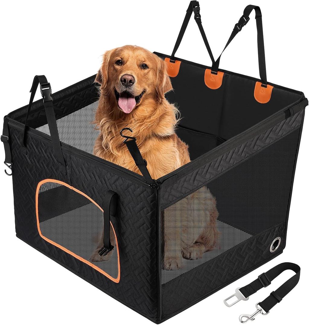 KYG Large Dog Car Seat for Large Medium Size Dogs with Cushion, Waterproof Hard Bottom Car Seat Cover for Dogs with 3 Mesh Windows, Foldable Pet Carseat for Cars/SUVs/Trucks