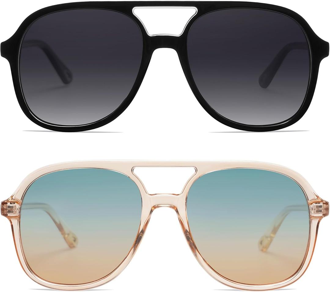 Retro Polarized Aviator Sunglasses Womens Men Vintage Double Bridge Square Sun Glasses AP3606 (P6 Black/Grey & Brown/Green)